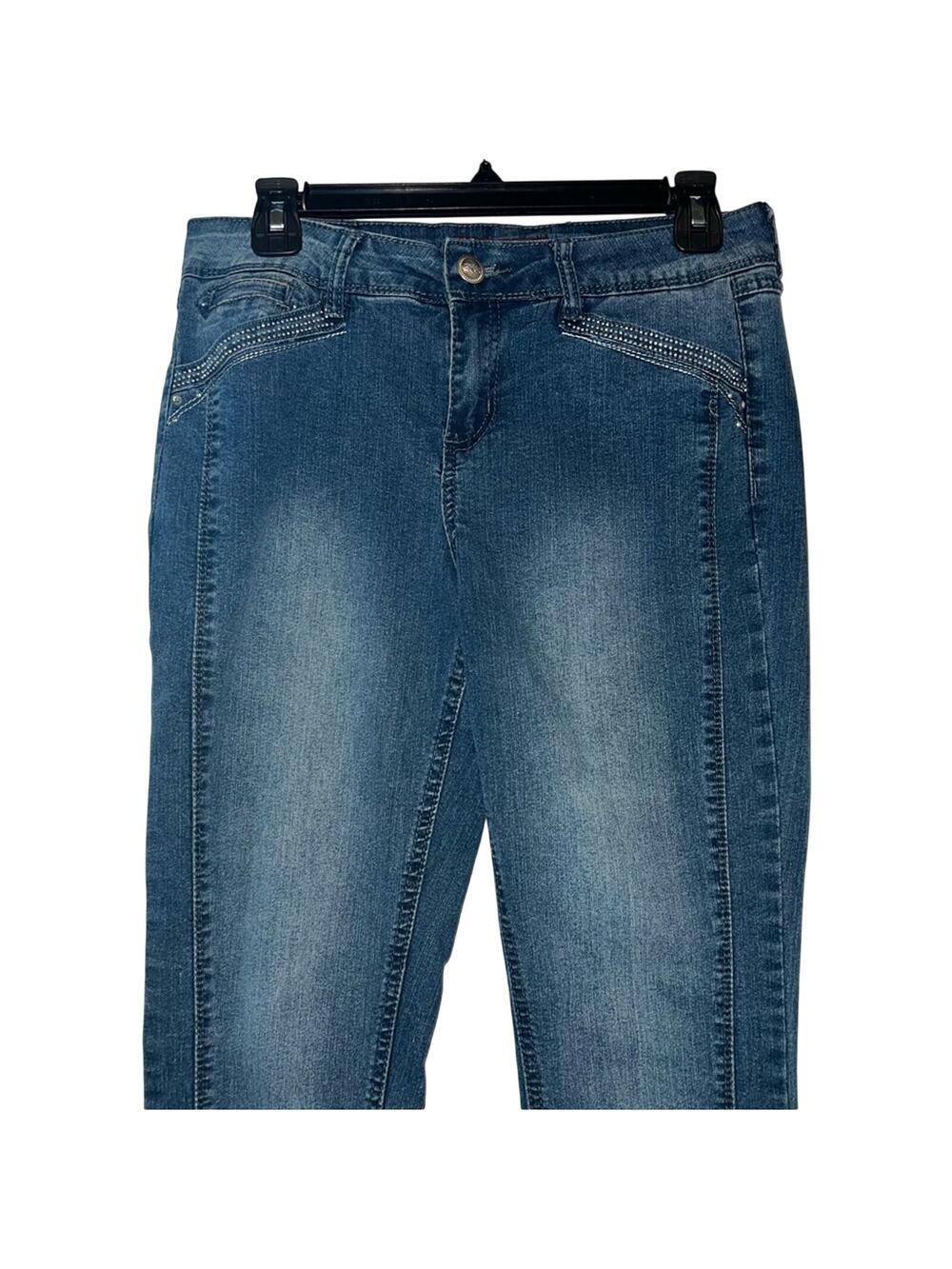 One 5 One Medium Wash Denim Skinny Jeans w/ Bedazzled Button Details